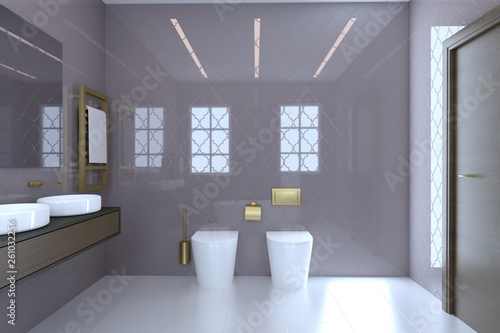 View of the sink, toilet and bidet in a large modern bathroom with brown doors.. 3D rendering