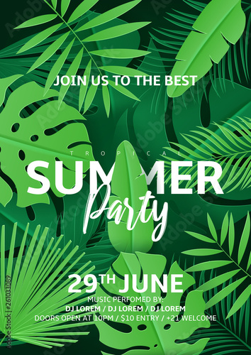 Tropical summer party poster. Vector illustration with tropical leaves in paper cut style on dark green background. Invitation to nightclub.