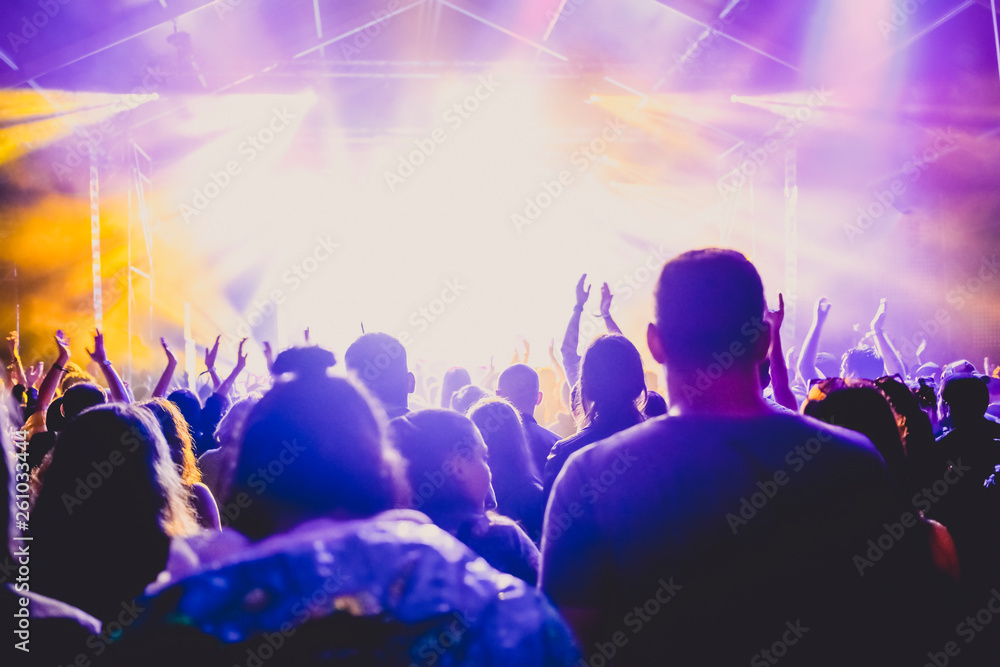 cheering crowd with raised hands at concert - music festival cheering crowd with raised hands at concert - music festival
