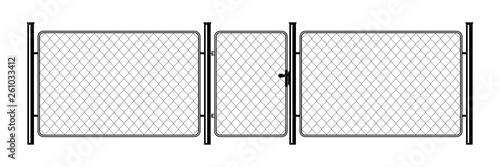 Metal chain link fence. Art design gate. Prison barrier, secured property. The chain link of fence wire mesh steel metal. Rabitz.