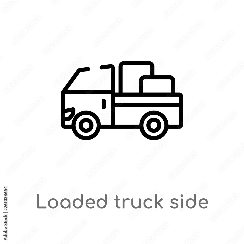 outline loaded truck side view vector icon. isolated black simple line element illustration from transport concept. editable vector stroke loaded truck side view icon on white background outline loaded truck side view vector icon. isolated black simple line element illustration from transport concept. editable vector stroke loaded truck side view icon on white background