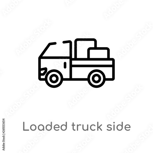 outline loaded truck side view vector icon. isolated black simple line element illustration from transport concept. editable vector stroke loaded truck side view icon on white background