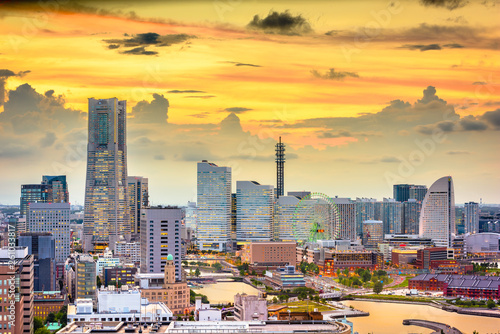 Yokohama, Japan harbor and downtown skyline photo