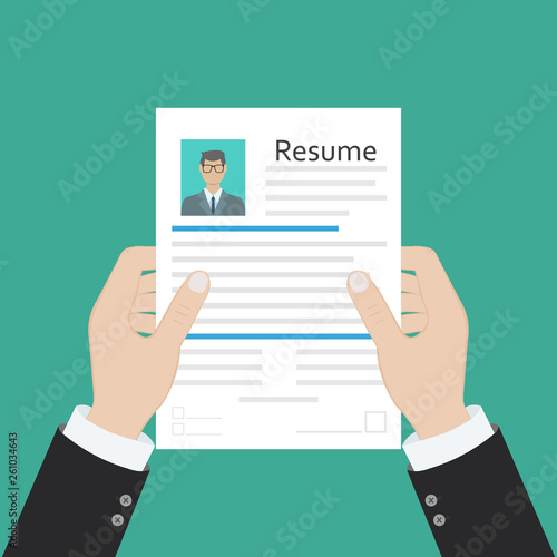 Cv concept resume with photo, documents. Employment recruitment. Searching professional staff. CV application. Selecting staff. illustration in flat design Raster version