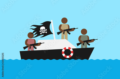 Modern piracy - armed pirates with machine gun are on motorboat. and vessel. Illegal criminality on sea and ocean.  Vector illustration