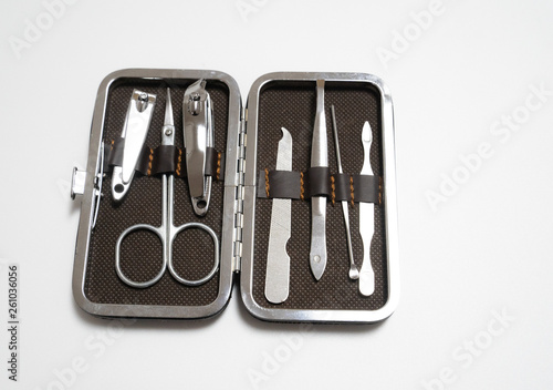 Nail clipper set, plastic and silver, isolated in white background
