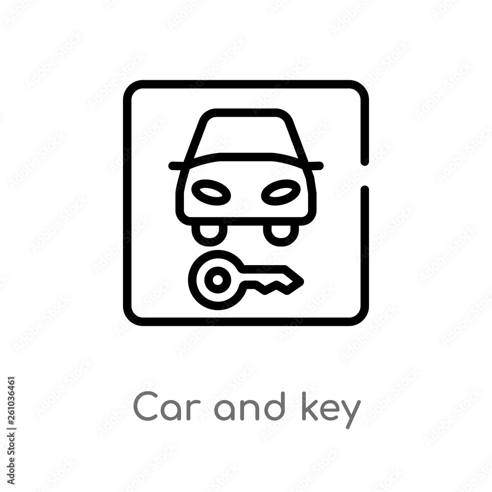 outline car and key vector icon. isolated black simple line element illustration from transport concept. editable vector stroke car and key icon on white background