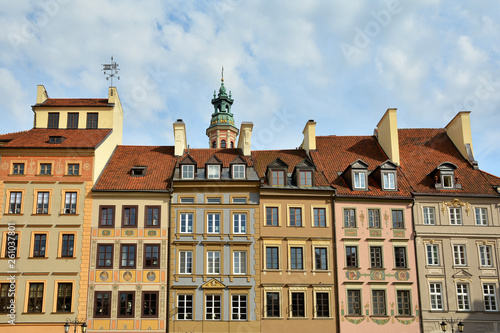 Traditional and colorful building architecture in the Old Town Market Square (Rynek Starego Miasta), Warsaw, Poland.