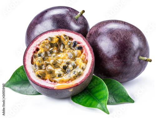 Passion fruits and its cross section with pulpy juice filled with seeds. White background. photo