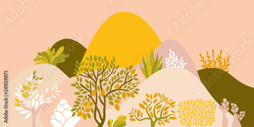 Hilly landscape with trees, bushes and plants. Growing plants and gardening. Protection and preservation of the environment. Earth Day. Vector illustration.