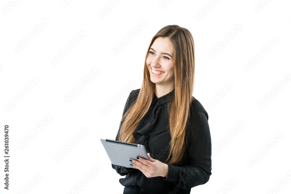 Woman business technology theme. Beautiful young caucasian woman in black shirt posing standing with tablet hands on white isolate background. Profession Marketer Sales Social Media Advertising Woman business technology theme. Beautiful young caucasian woman in black shirt posing standing with tablet hands on white isolate background. Profession Marketer Sales Social Media Advertising