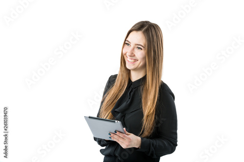 Woman business technology theme. Beautiful young caucasian woman in black shirt posing standing with tablet hands on white isolate background. Profession Marketer Sales Social Media Advertising