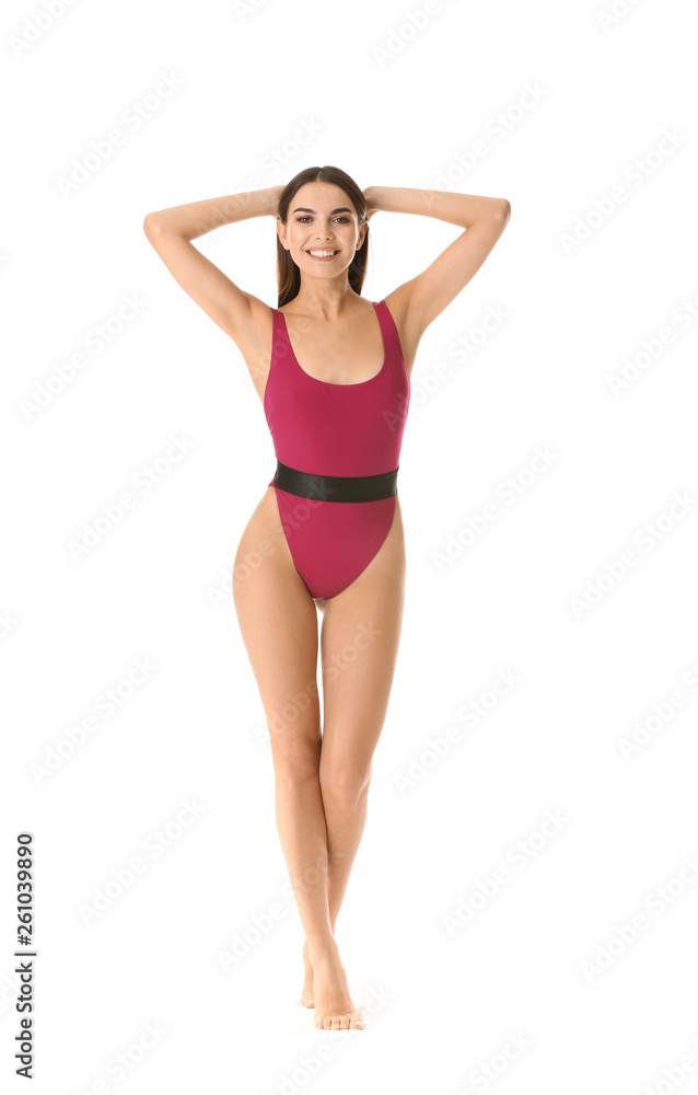 Beautiful young woman in swimming suit on white background Beautiful young woman in swimming suit on white background