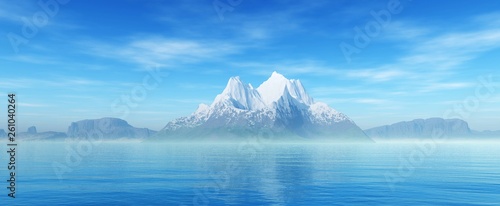 Volcanic island in the ocean under the sky with clouds