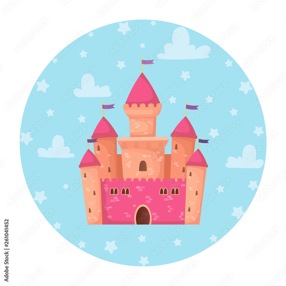 Pink princess cartoon cute castle on the blue sky background with clouds and stars. 