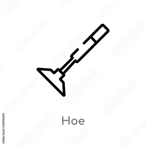 outline hoe vector icon. isolated black simple line element illustration from farming and gardening concept. editable vector stroke hoe icon on white background