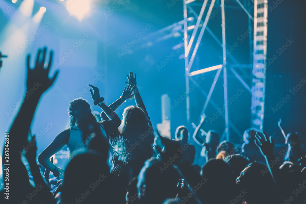 cheering crowd with raised hands at concert - music festival cheering crowd with raised hands at concert - music festival