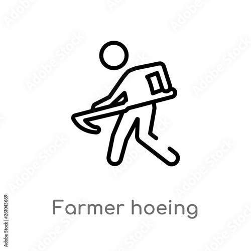 outline farmer hoeing vector icon. isolated black simple line element illustration from farming concept. editable vector stroke farmer hoeing icon on white background