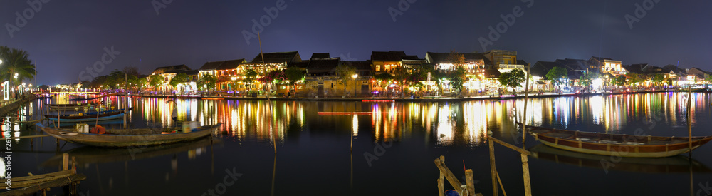 Panoramic picture of Old Town in Hoi An, Vietnam at night. UNESCO World Heritige site.