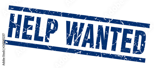 square grunge blue help wanted stamp