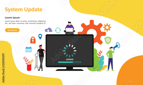 System Update Improvement Change New Version. Installing update process with people characters Suitable for web landing page, ui, mobile app, banner template. Vector Illustration