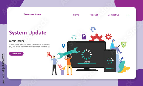 System Update Improvement Change New Version. Installing update process with people characters Suitable for web landing page, ui, mobile app, banner template. Vector Illustration