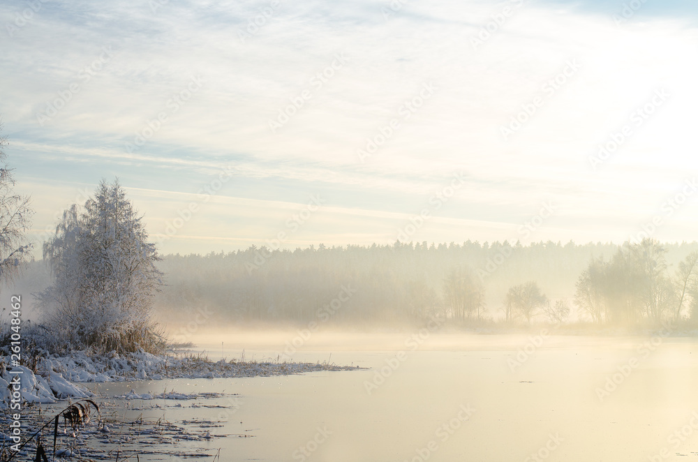 Fototapeta premium beautiful fog on the river and coast in the morning in the winter