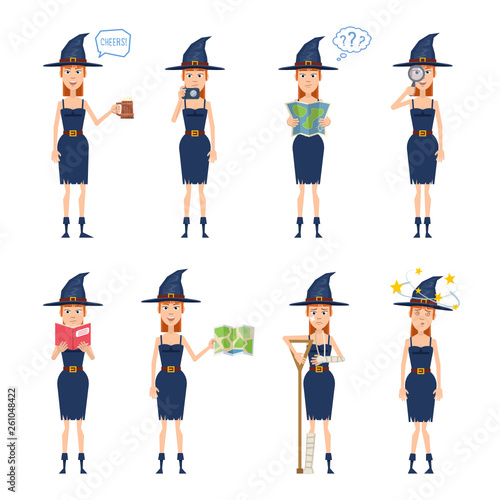 Set of Halloween witch characters posing in different situations. Cheerful witch holding mug of beer, photo camera, map, magnifier, reading a book, injured, dizzy. Flat style vector illustration
