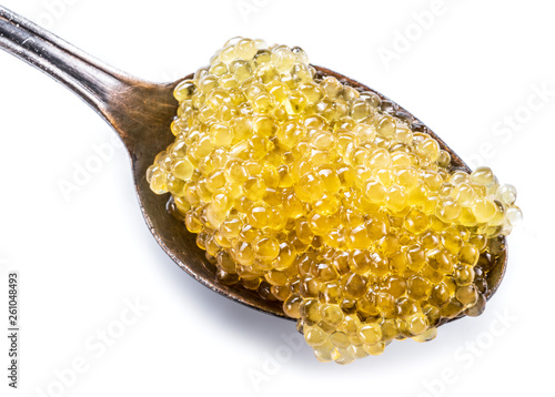 Pike caviar or roe in spoon on white background.