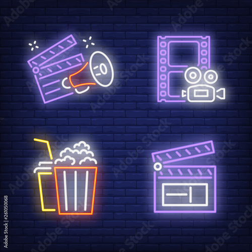 Movie clapper, projector, popcorn and drink neon signs set