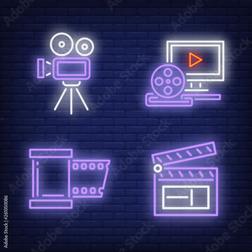 Movie projector, clapper, reel and computer neon signs set