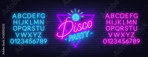 Neon lettering Disco party on brick wall background. Glowing fonts. Template for invitation, card or poster.
