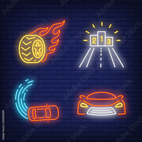 Racing cars, winners podium and wheel on fire neon signs set