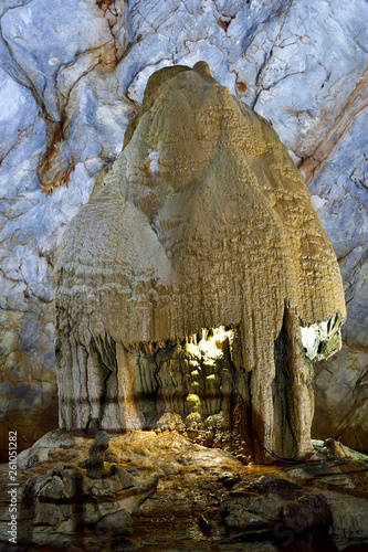 Amazing geological forms in Paradise Cave near Phong Nha, Vietnam. Limestone cave full of stalactites and stalagmites.
