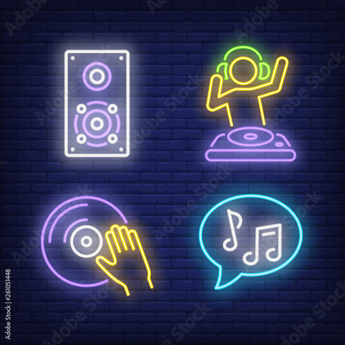 Vinyl disk, DJ, music notes and loudspeaker neon signs set