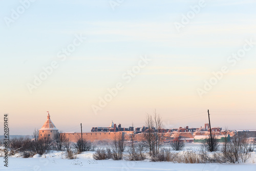 Winter evening view of historical medieval Oreshek fortress in Shlisselburg