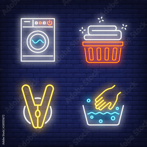 Washing machine, linen, hand washing and clothes peg neon signs set. Laundry service and housework design. Night bright neon sign, colorful billboard, light banner. Vector illustration in neon style.