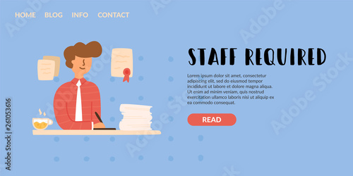 Vector Flat young guy in a suit signs documents.