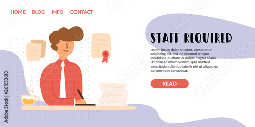 Vector Flat young guy in a suit signs documents.