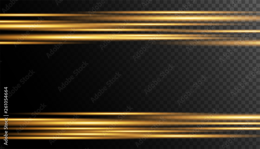 Golden frame. Shining rectangle banner gold lines with light effects on black background