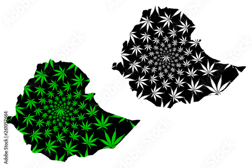 Ethiopia - map is designed cannabis leaf green and black, Federal Democratic Republic of Ethiopia (Horn of Africa) map made of marijuana (marihuana,THC) foliage,