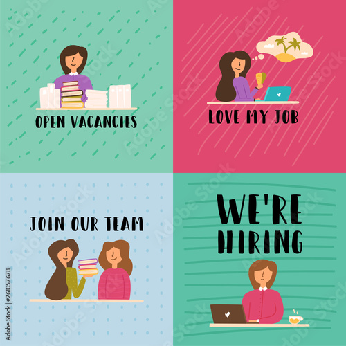 Vector Flat Banner set girl agrees to the vacancy.