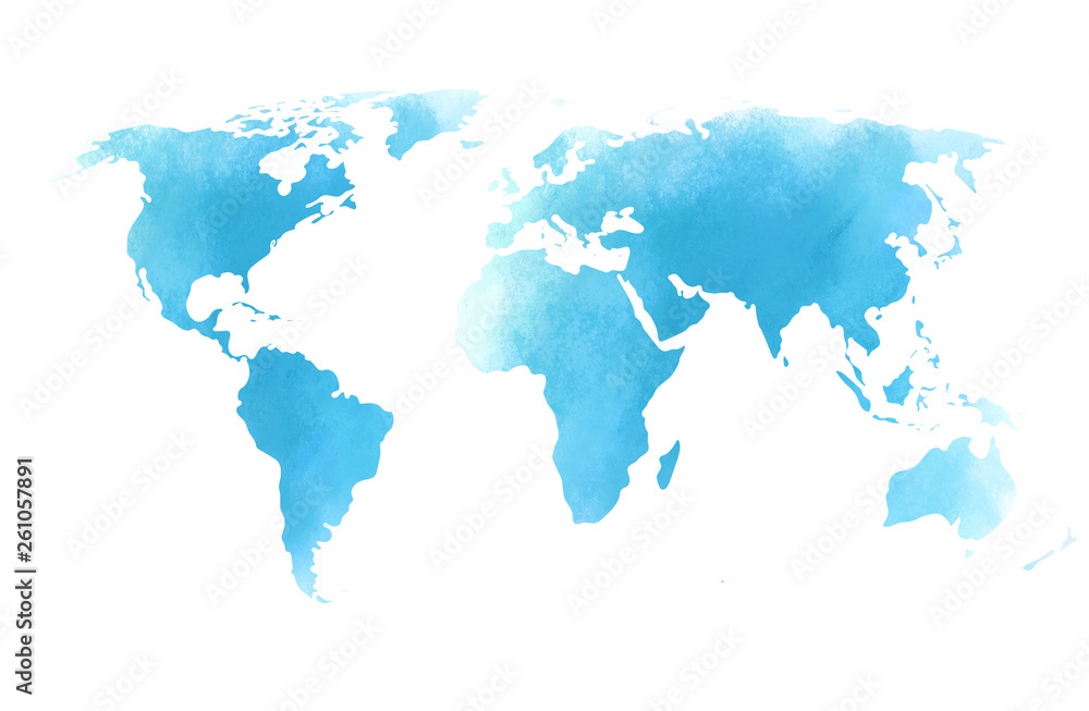 Colorful water color world map on canvas background. Digital painting.