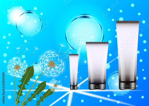 Cosmetics plastic tubes, dandelions with flying fluff on the blue sky and transparent bubbles background