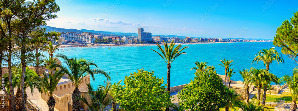 Landscape with defensive walls of castle and waterfront Peniscola. Spain