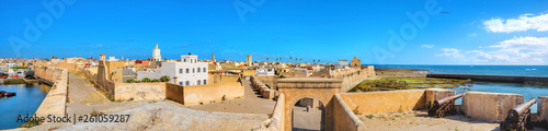 Wide panoramic view of ancient fortress and medina at Essaouira. Morocco, North Africa