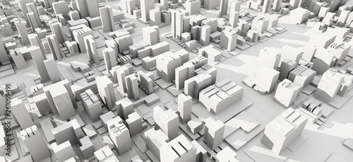 Urban 3D panorama - architectural background illustration. The city center is residential, business environment. Apartment rental - advertising background with glowing lines of transport.