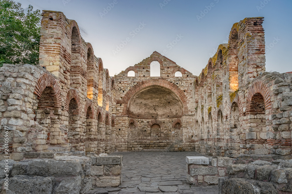 The Church of Saint Sofia or Old Bishopric at sunrise in Nessebar ancient city. Nesebar, Nesebr is a UNESCO World Heritage Site. A Byzantine architecture ruins of an old church in Nessebar, Bulgaria