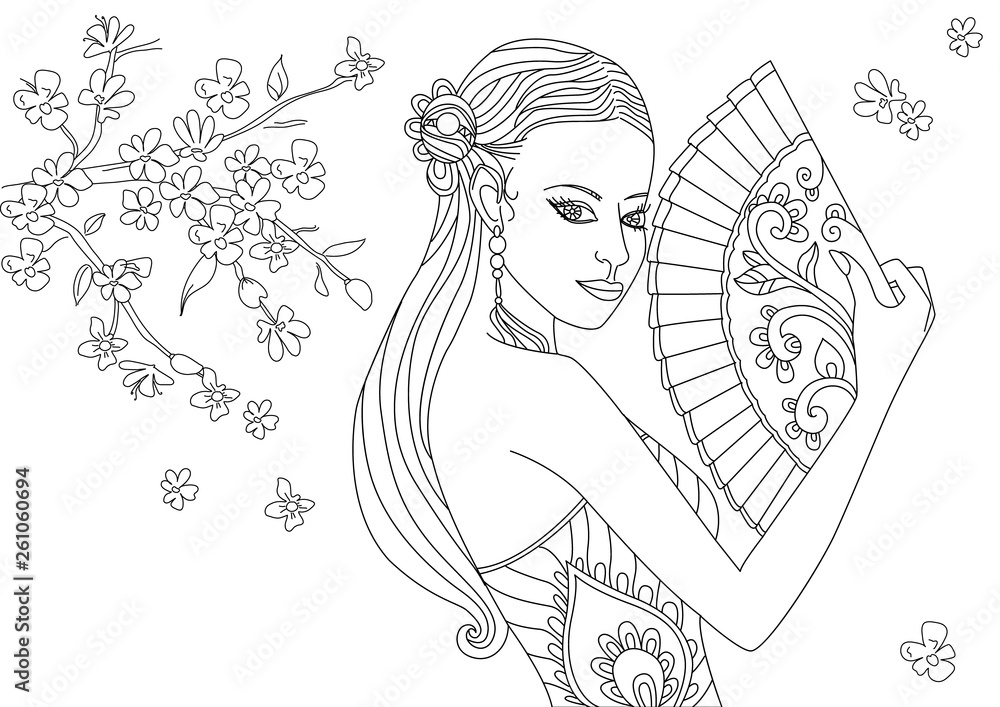 pretty chinese girl with fan in blossom sakura. coloring page Stock ...