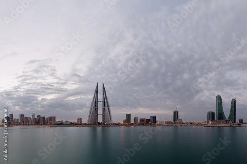 A beautiful view of Bahrain skyline during sunrise with BFH and WTC buildings